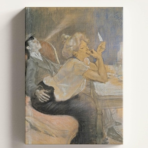 Puede incluir: Impresión enmarcada de una pintura que representa a dos figuras en un entorno con poca luz. Una persona con traje y sombrero está sentada, mientras que otra con una blusa clara se apoya en una mesa, sosteniendo un cigarrillo. La obra de arte tiene una paleta de colores apagados.