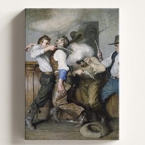 Può includere: Un dipinto che rappresenta una scena di rissa in un saloon con tre uomini in un'accesa discussione. Un uomo tiene una pistola, mentre un altro uomo viene strangolato da un terzo uomo. La scena è piena di fumo e caos.