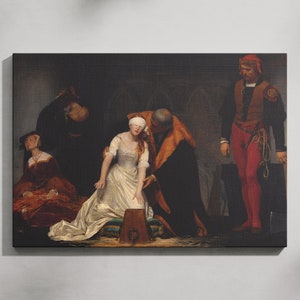 May include: A painting depicting a scene of a woman being led away by a man in a dark room. The woman is wearing a white dress and a blindfold. A second woman in a red dress sits in the background. A man in a red and black outfit stands to the right.