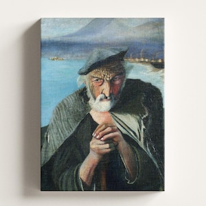 Può includere: Stampa su tela di un dipinto a olio raffigurante un uomo anziano con barba bianca e espressione severa. Indossa un cappello e un cappotto scuri, con un paesaggio blu e grigio sullo sfondo. Le mani dell'uomo sono giunte.