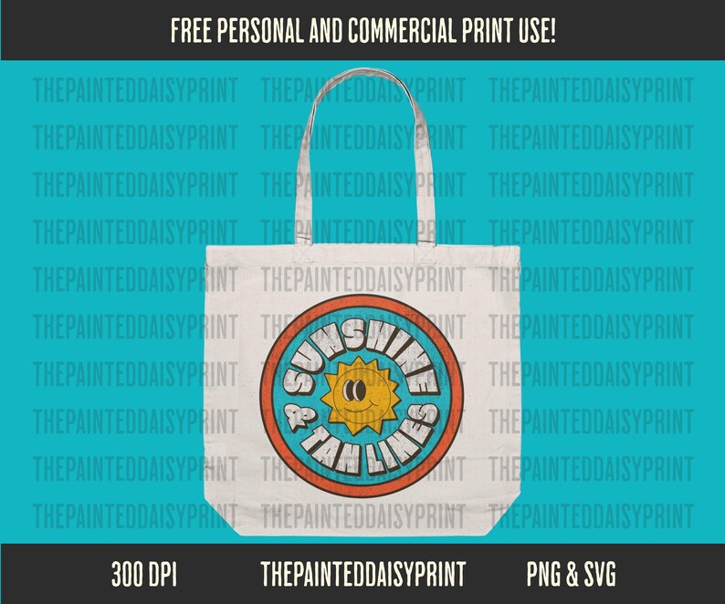 May include: A white tote bag with a blue, orange, and yellow graphic design that says "Sunshine & Tan Lines".