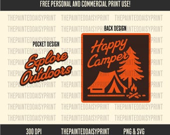 Glad campare Retro campingdesign: Tält, lägereld (SVG PNG digital nedladdning)