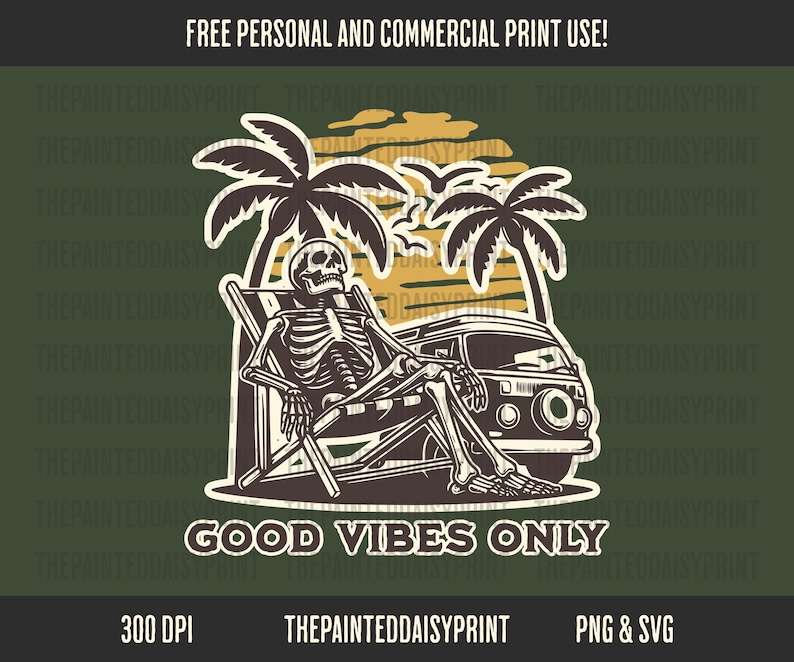 Good Vibes Skelett PNG SVG: Retro Sommardesign (Digital Nedladdning) bild 1
