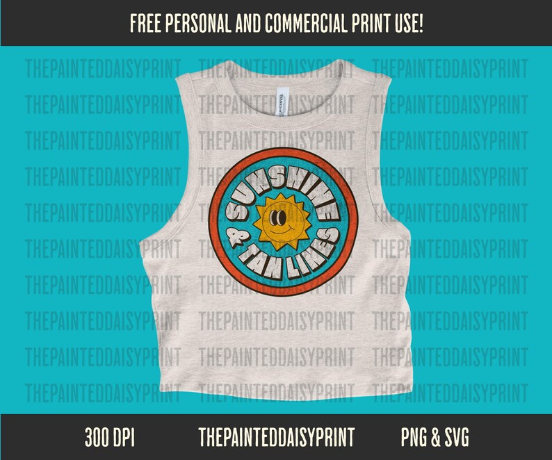 May include: A white tank top with a colorful graphic design featuring a sun with a smiley face and the text "Sunshine & Tan Lines".