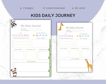 Op de afbeelding: Twee printbare dagelijkse journaalpagina's voor kinderen, een met een panda- en bamboeontwerp en de andere met een giraffe en een groene achtergrond. Elke pagina bevat secties om over de dag te schrijven, waaronder "Mijn naam is", "Vandaag's datum", "Ik voelde me", "De 3 beste dingen van vandaag", "Vandaag heb ik geleerd", "Vandaag heb ik geholpen", "Ik ben dankbaar voor", "Ik had moeite met" en "Vandaag's tekening".
