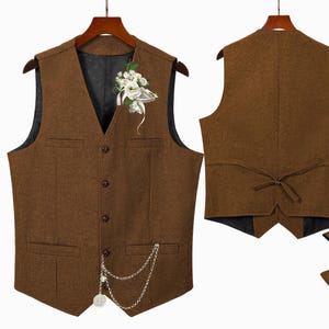 Handmade Men&#39;s Tweed Suit Vest – Retro Waistcoat, V-Neck Herringbone – Perfect for Prom & Formal Wear gift for him