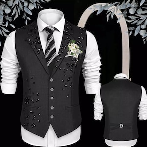 Men&#39;s Slim Fit Suit Vest: Black Beaded Tuxedo Waistcoat