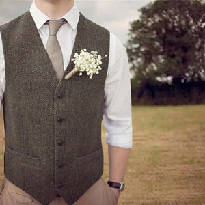 Men&#39;s Dark Brown - Tweed  Waistcoat, Slim Fit Plaid Suit Vest, Herringbone Lapel Tuxedo Vest for Formal & Wedding Wear  - Gift for Him