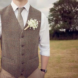 Men&#39;s Brown - Tweed Waistcoat, Slim Fit Plaid Suit Vest, Herringbone Lapel Tuxedo Vest for Formal & Wedding Wear  - Gift for Him