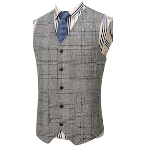 Vest for Men  Silver Plaid Tweed Waistcoat, Slim Fit Casual Suit Vest, Formal Business Groomsmen Vest for Wedding, Western Cowboy Style