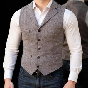 Men&#39;s Slim Fit Vest, Herringbone Waistcoat for Wedding, Formal Vest for Men, Casual Business Vest, V-Neck Lapel Waistcoat, Personalized gift