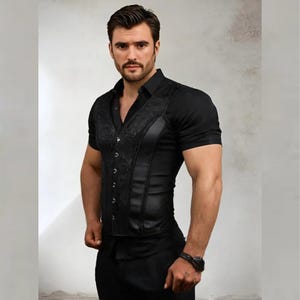 Corsetvest heren gothic jurk – zwart steampunkgilet | Tailletrainer met baleinen, trouwpak, Victoriaans corrigerend ondergoed | Cadeau voor hem, kostuum