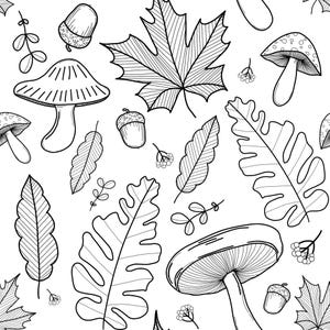 May include: Black and white line drawing of autumn leaves, acorns, and mushrooms. The design is seamless and repeats.