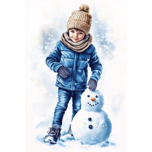 Boy Building Snowman Clipart: Denim Watercolor Illustrations (PNG Digital Download)