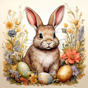 Clipart di coniglio pasquale shabby chic: JPEG floreale vintage (download digitale)