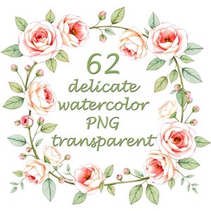 62 PNG Delicate Watercolor Rose Clipart | Hearts, Frames & Borders for Junk Journals, Scrapbooking, Cards. Transparent background.
