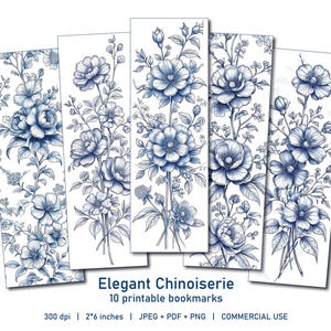10 Elegant Deep Blue Chinoiserie Bookmarks | Watercolor Floral Illustrations | DIY, Spring Reading Gift | Jpeg, pdf & PNG for Sublimation