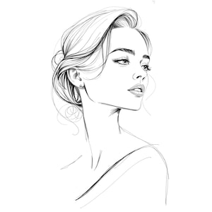 Clipart de visage de femme élégante. 10 portraits numériques minimalistes en noir et blanc. Illustrations haute résolution pour décoration murale, journaux, cartes. RA 2:3.