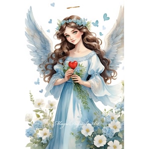 Vintage Angel in Blue Watercolor Clipart – 14 JPEGs com flores e corações para scrapbooking, diários, decoração de parede. AR 2:3, compatível com letras