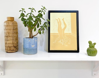 Beige Upside down headstand friends Original Limited Edition Linocut Print A4 Artwork