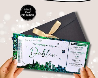 Billete sorpresa personalizado para Dublín. Tarjeta de embarque falsa. Billete de viaje urbano frustrado.