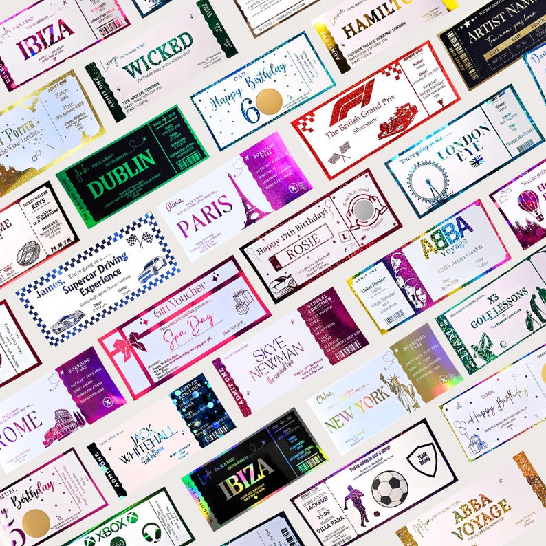 May include: A collection of colorful event tickets and gift vouchers. Designs include tickets for travel to Ibiza, Paris, and New York, as well as tickets for concerts, sporting events, and spa days. Various colors and fonts are used.