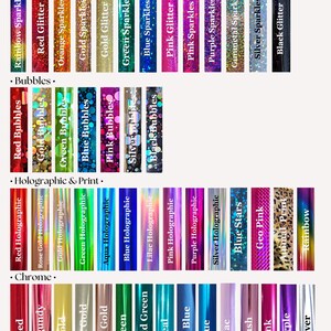 May include: A color chart displaying various foil colors, including sparkling, glitter, bubbles, holographic, print, and chrome finishes. Colors range from red and gold to blue and purple, with text labels for each color type.