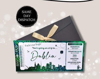 Personalised Dublin Holiday Ticket. Fake Boarding Pass. Custom Foiled City Break Ticket