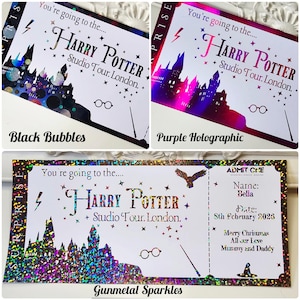 May include: Three Harry Potter Studio Tour London tickets. One with black bubbles, one with purple holographic, and one with gunmetal sparkles. Each ticket features the Harry Potter logo, glasses, a wand, and a castle silhouette.