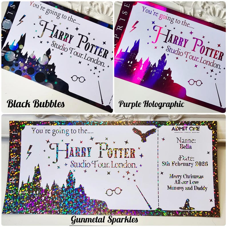 May include: Three Harry Potter Studio Tour London tickets. One with black bubbles, one with purple holographic, and one with gunmetal sparkles. Each ticket features the Harry Potter logo, glasses, a wand, and a castle silhouette.