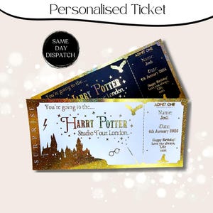 Puede incluir: Entradas personalizadas para el Harry Potter Studio Tour con detalles dorados brillantes. Las entradas incluyen el texto "You're going to the... Harry Potter Studio Tour London." e incluyen el nombre "Josh" y la fecha "4 de enero de 2026."