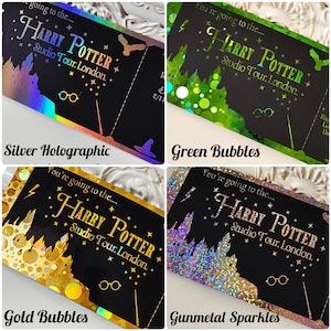 May include: Four Harry Potter Studio Tour London tickets with different designs. The tickets feature the text "Harry Potter Studio Tour London" and include images of a lightning bolt, glasses, a wand, and a silhouette of a castle. The tickets have silver holographic, green bubbles, gold bubbles, and gunmetal sparkles.