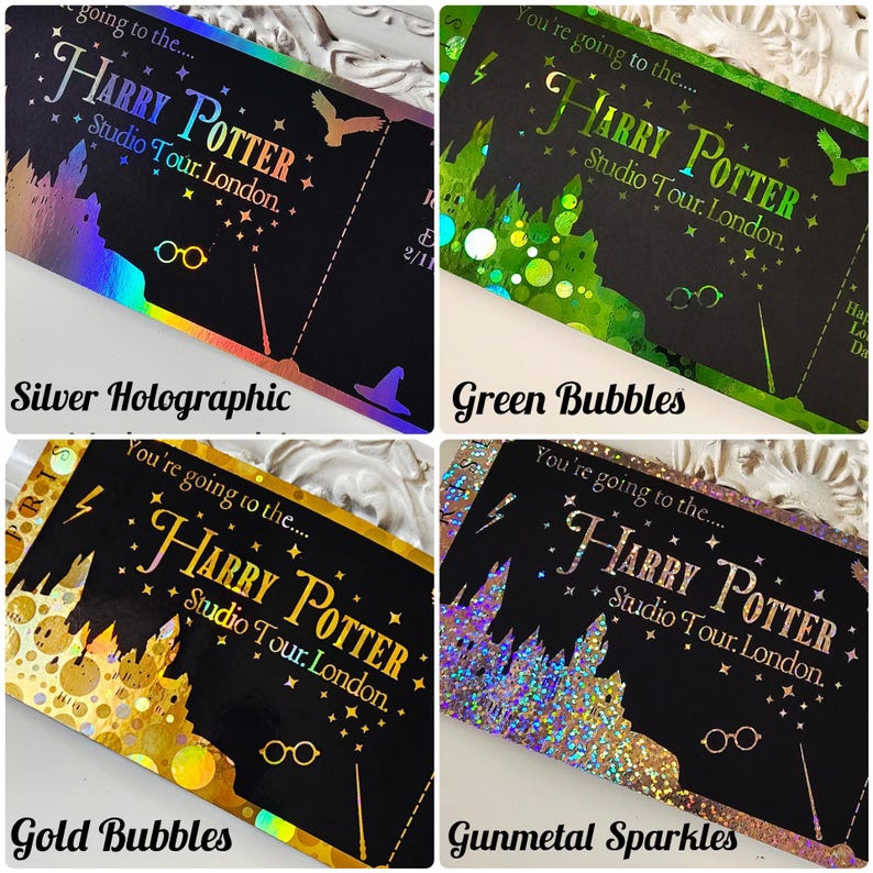 May include: Four Harry Potter Studio Tour London tickets with different designs. The tickets feature the text "Harry Potter Studio Tour London" and include images of a lightning bolt, glasses, a wand, and a silhouette of a castle. The tickets have silver holographic, green bubbles, gold bubbles, and gunmetal sparkles.