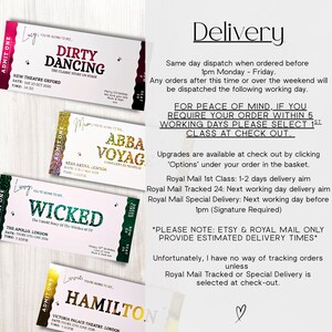 May include: Four colorful event tickets for stage shows, including "Dirty Dancing," "ABBA Voyage," "Wicked," and "Hamilton." Each ticket features show details, date, and time. The tickets have a decorative design with gold and glitter accents.