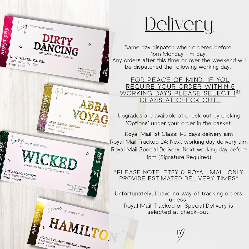 May include: Four colorful event tickets for stage shows, including "Dirty Dancing," "ABBA Voyage," "Wicked," and "Hamilton." Each ticket features show details, date, and time. The tickets have a decorative design with gold and glitter accents.