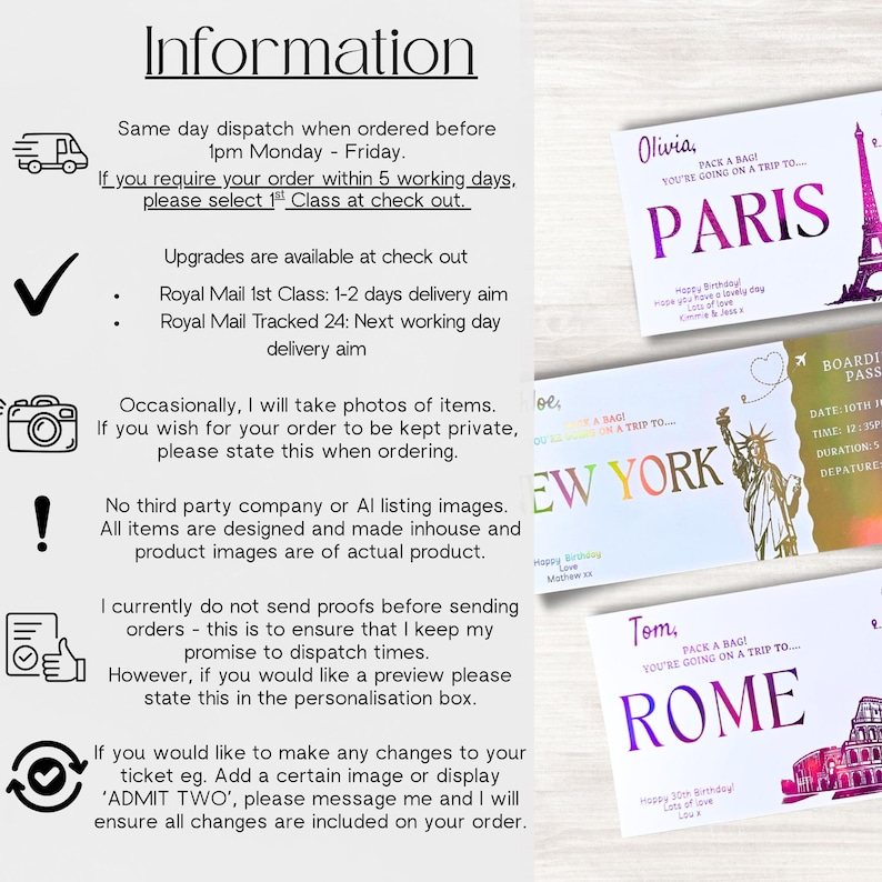 May include: A collection of personalized travel ticket designs featuring iconic landmarks. The tickets are for Paris, New York, and Rome, with names and birthday messages. The design includes the Eiffel Tower, Statue of Liberty, and Colosseum.