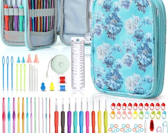 May include: A set of colorful crochet hooks, needles, and other accessories are organized in a blue floral zippered case. The case has a ruler and a tape measure inside. The set also includes stitch markers, a yarn needle, and a row counter.
