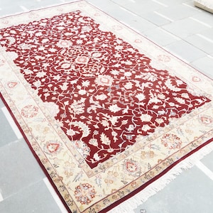 Handmade Wool Silk Rug, Indian Kashan Style, Deep Red, Persian Knot Weave