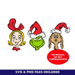 Puede incluir: Tres caras de personajes de dibujos animados: una niña con un lazo rojo, un Grinch verde y una criatura marrón con forma de perro, todos con gorros de Papá Noel. Un círculo rojo con texto blanco dice "FOR PERSONAL USE ONLY @AEPDESIGNS4FUN".