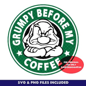 May include: Green and white coffee mug design featuring a grumpy cartoon character and the text "Grumpy Before My Coffee".