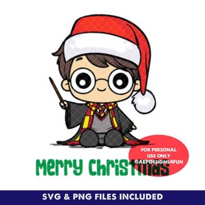 May include: A cartoon illustration of a Harry Potter character wearing a Santa hat and a wizard robe. The character is holding a wand and sitting down. The text "Merry Christmas" is written below the character.