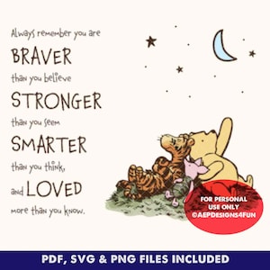 Op de afbeelding: Een illustratie van Winnie de Poeh, Tigger en Biggetje die naar de nachtelijke hemel kijken met een halve maan en sterren. De tekst luidt: "Onthoud altijd dat je BRAVER bent dan je denkt, STERKER dan je lijkt, SLIMMER dan je denkt, en GEliefd, meer dan je weet."