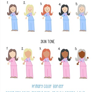 May include: Illustration of nurses with different hair colors and skin tones. The top row shows nurses in blue scrubs, and the bottom row shows nurses in pink scrubs. Text indicates primary and secondary colors.