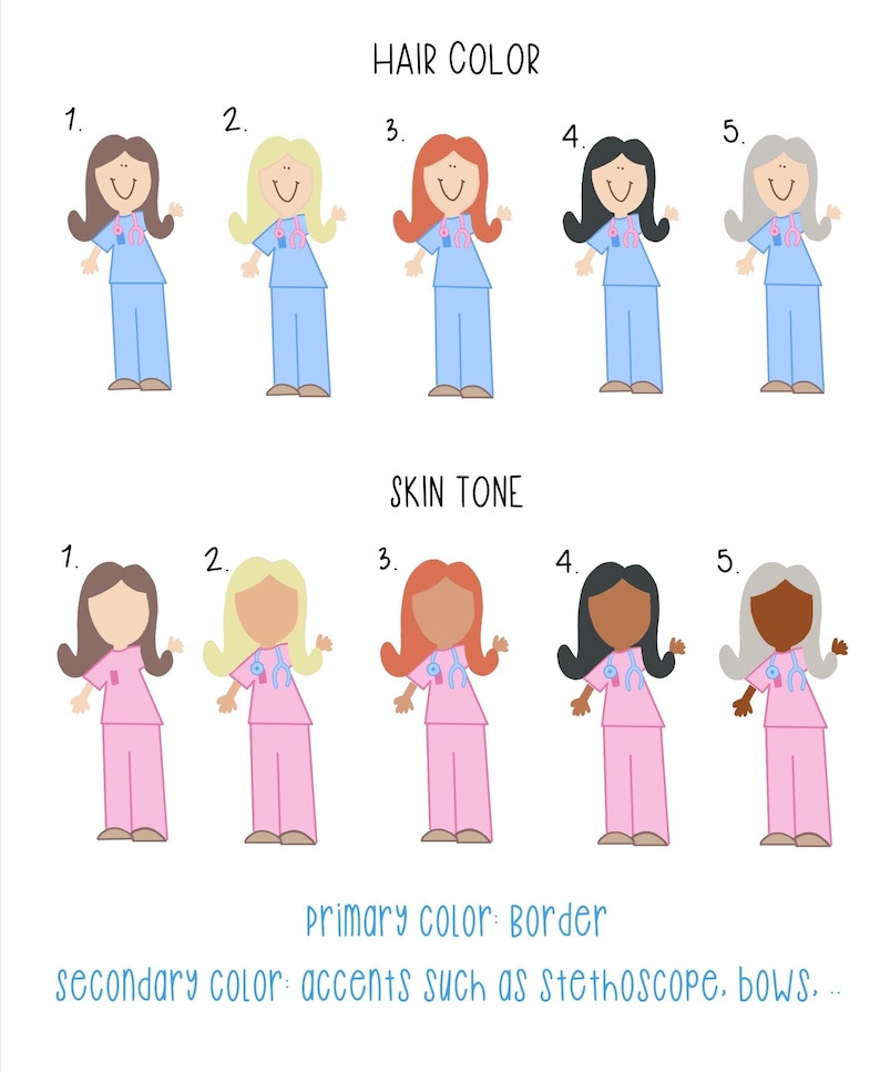 May include: Illustration of nurses with different hair colors and skin tones. The top row shows nurses in blue scrubs, and the bottom row shows nurses in pink scrubs. Text indicates primary and secondary colors.