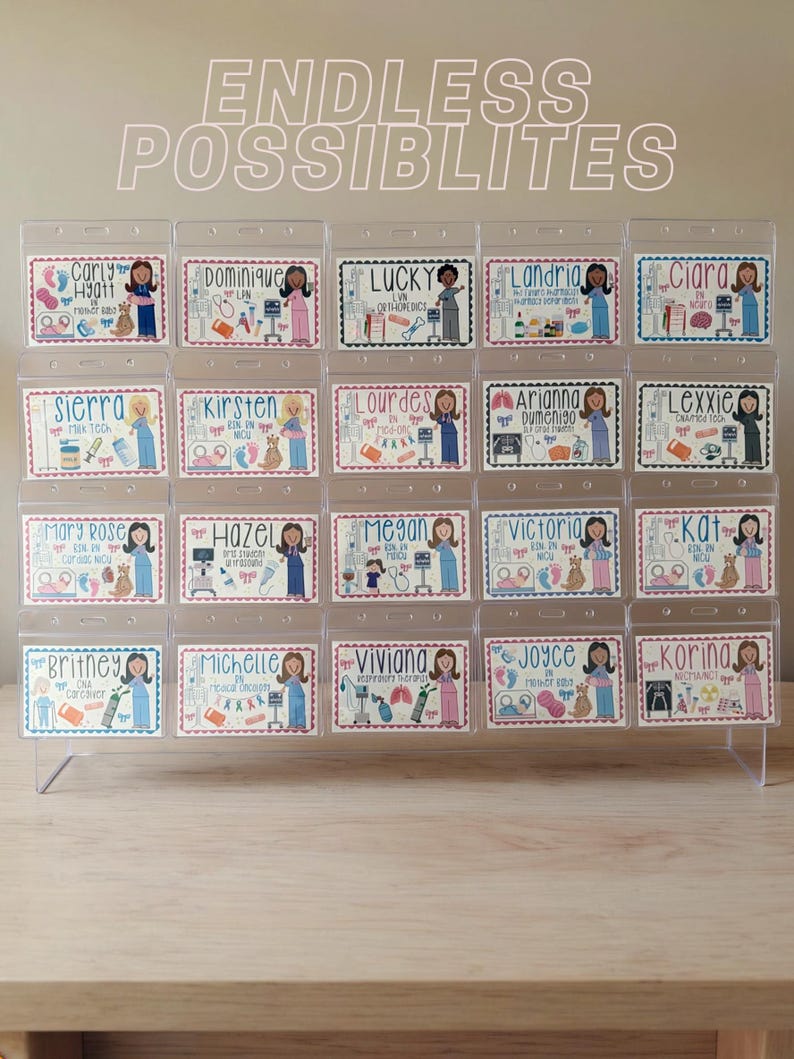 May include: A display of personalized name badges with various names and professions, such as nurses and caregivers. Each badge features a name, profession, and decorative illustrations. The text "ENDLESS POSSIBILITIES" is at the top.