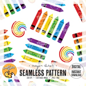 Rainbow Crayon Seamless Pattern: Art Supplies Fabric Print (Digital Download)