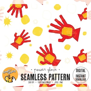 May include: A seamless pattern featuring a red and yellow power glove design. The glove has a red base with yellow accents and a small yellow rectangle with the text "4000" on it. The pattern is repeated on a white background with yellow stars and circles.