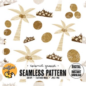 May include: A seamless pattern featuring brown palm trees, coconuts, and small flower bushes on a white background. The text "coconut groove" and "seamless pattern" is included in the design.