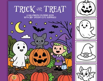 May include: A Halloween-themed coloring book cover with the words "Trick or Treat". The cover features a cartoon ghost, bat, witch, and pumpkins. The book includes 50 coloring pages and is available as an instant PDF download.