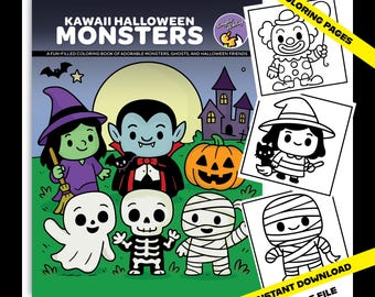 May include: A coloring book titled "Kawaii Halloween Monsters" featuring adorable cartoon monsters, ghosts, and Halloween friends. The cover art includes a witch, vampire, pumpkin, and other characters. The book includes 32 coloring pages and is available as an instant PDF download.